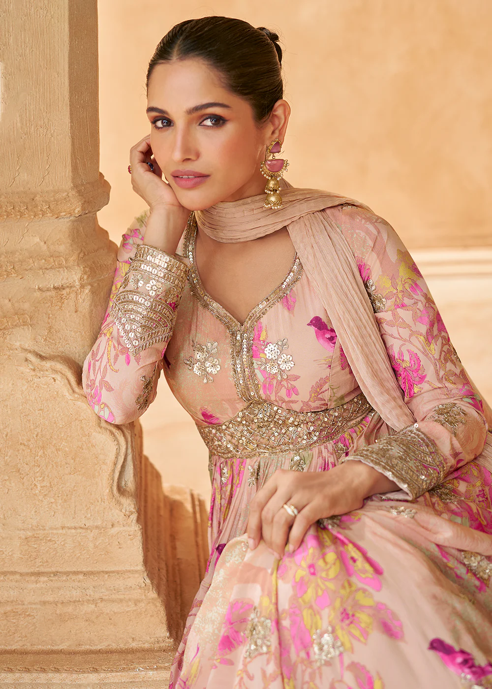 Peach Digital Printed Embroidered Chinnon Silk Anarkali Gown - Image 2