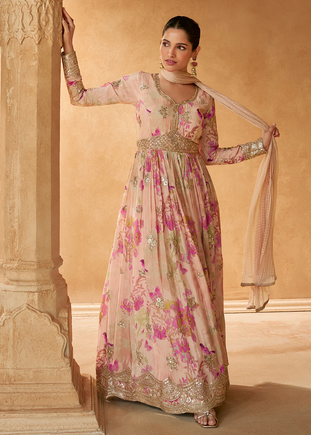 Peach Digital Printed Embroidered Chinnon Silk Anarkali Gown - Image 3