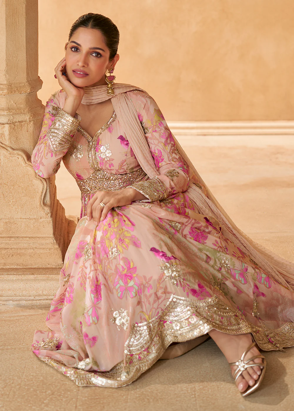 Peach Digital Printed Embroidered Chinnon Silk Anarkali Gown - Image 4