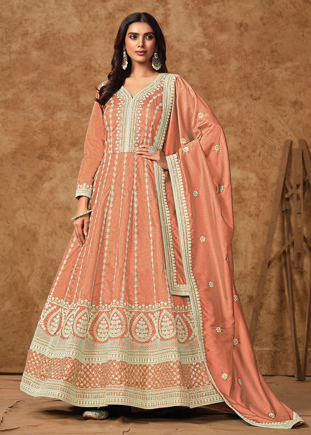 Peach Dola Silk Embroidered Eid Style Anarkali Suit