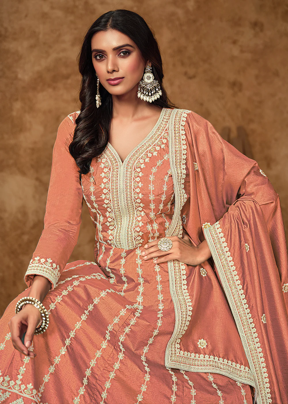 Peach Dola Silk Embroidered Eid Style Anarkali Suit - Image 2