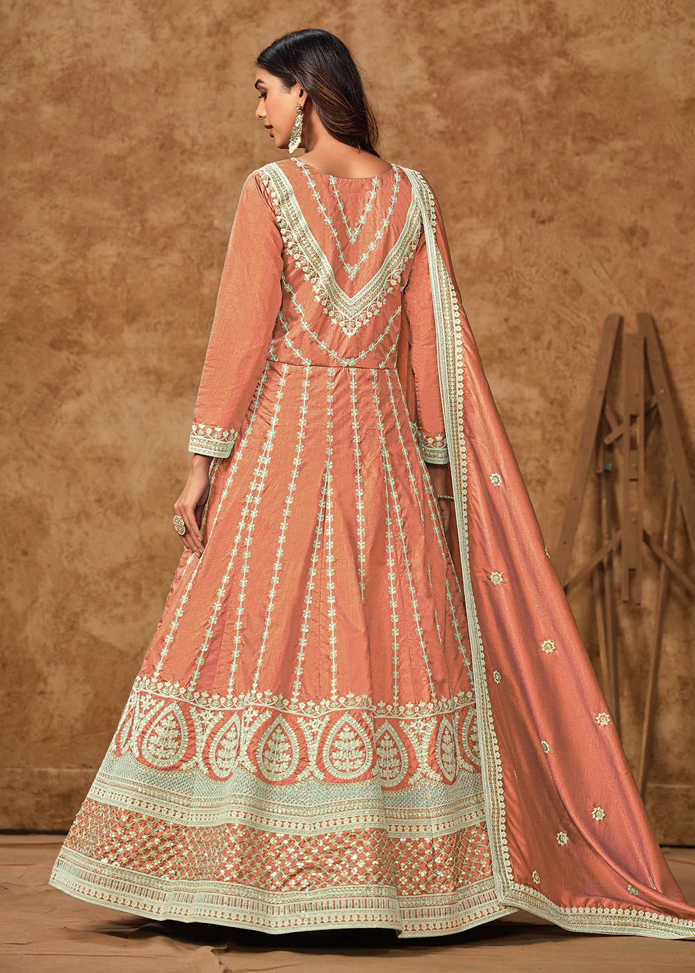 Peach Dola Silk Embroidered Eid Style Anarkali Suit - Image 3