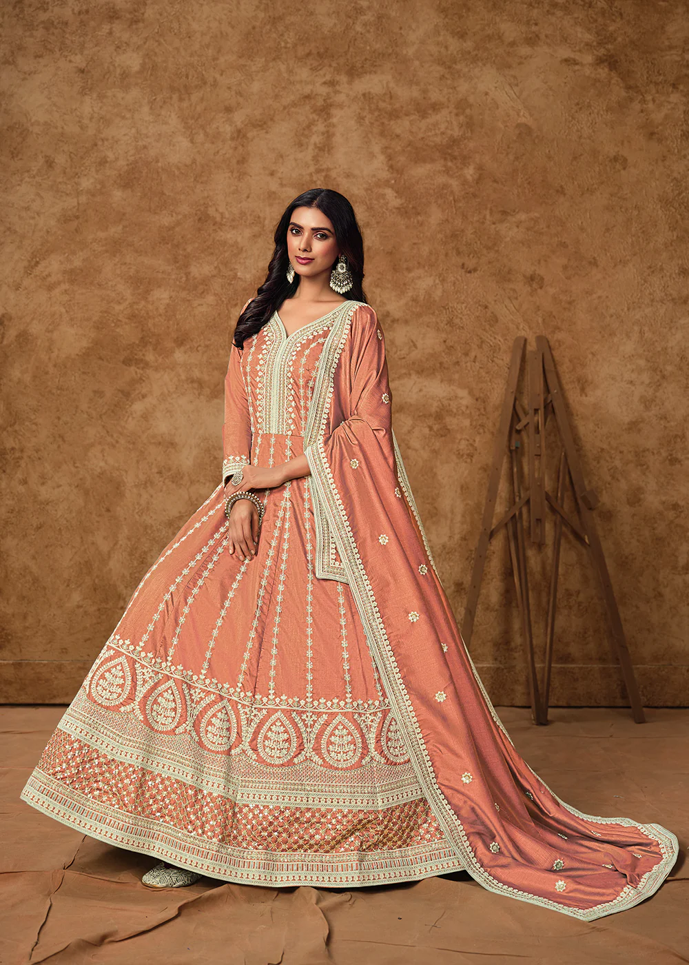 Peach Dola Silk Embroidered Eid Style Anarkali Suit - Image 4