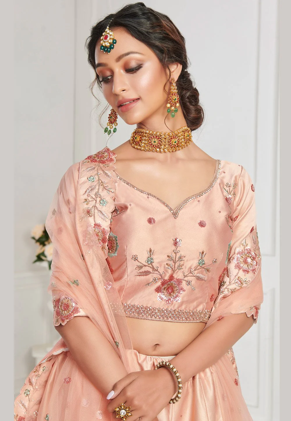 Peach Elegant Sequins Embroidered Silk Bridal Lehenga Choli - Image 2