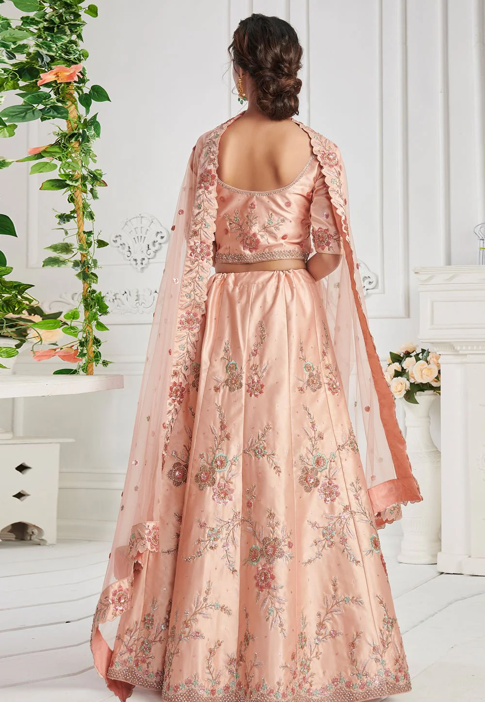 Peach Elegant Sequins Embroidered Silk Bridal Lehenga Choli - Image 4