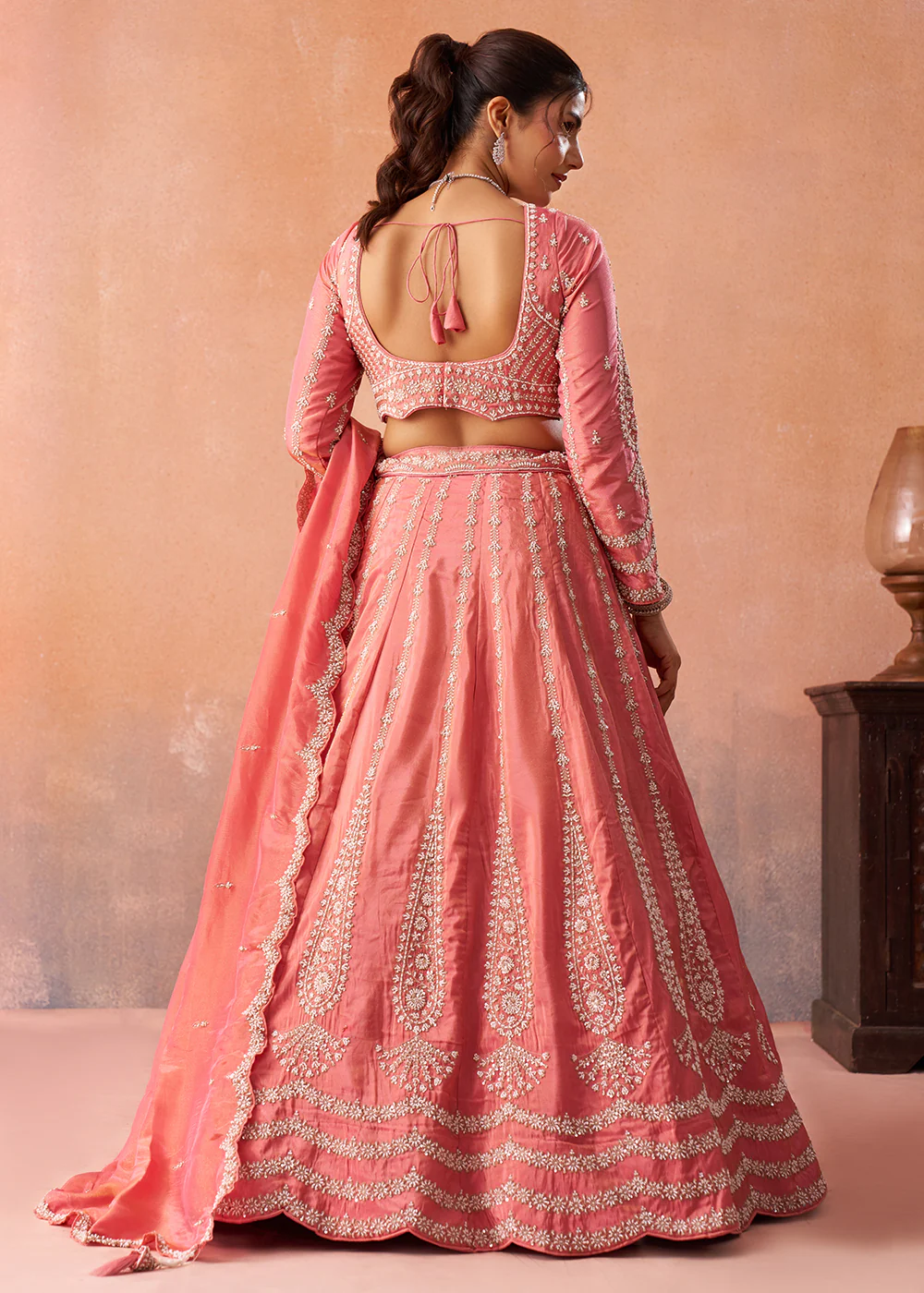 Peach Elegant Tissue Fabric Embroidered Lehenga Choli - Image 3