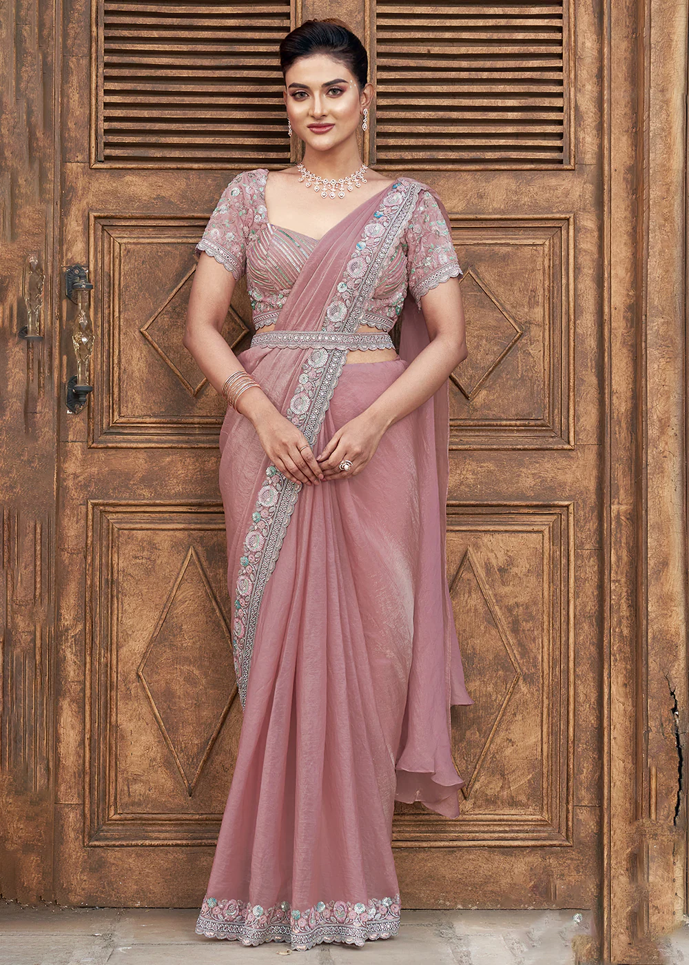 Peach Embroidered Designer Ready to Wear Saree