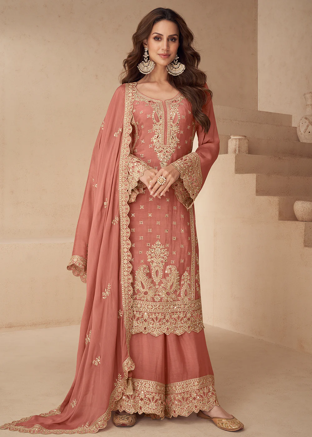 Peach Embroidered Festive Style Palazzo Suit