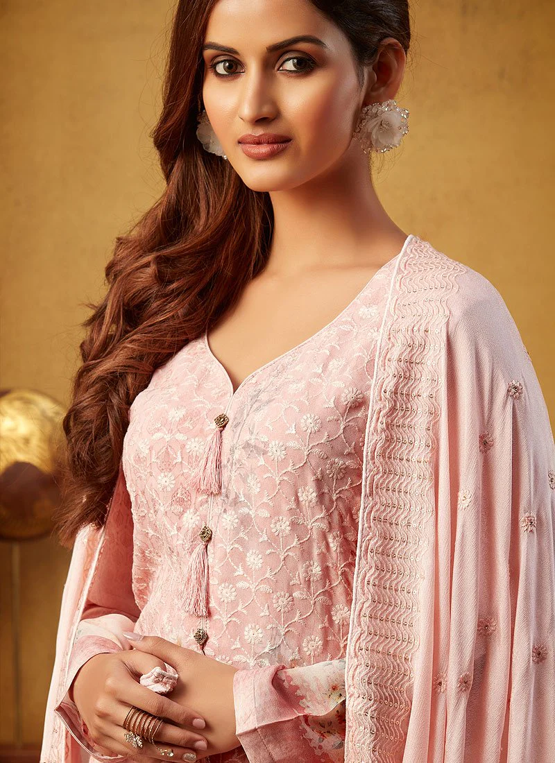 Peach Embroidered Bamber Georgette Palazzo Suit - Image 2