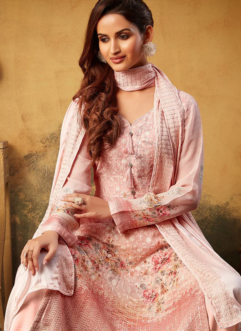 Peach Embroidered Bamber Georgette Palazzo Suit - Image 3
