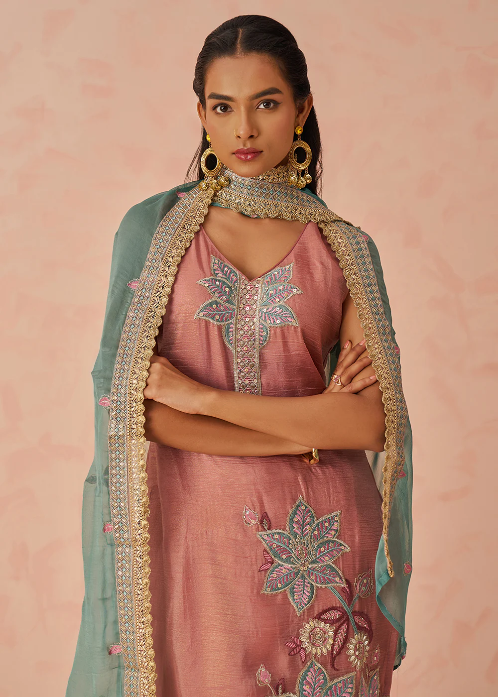 Peach Fancy Crush Embroidered Festive Salwar Kurta Suit - Image 2