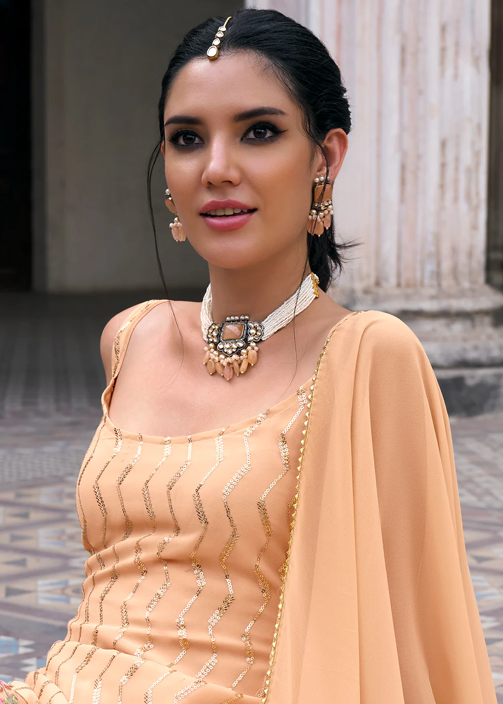 Peach Faux Georgette Festive Sharara Style Suit - Image 2