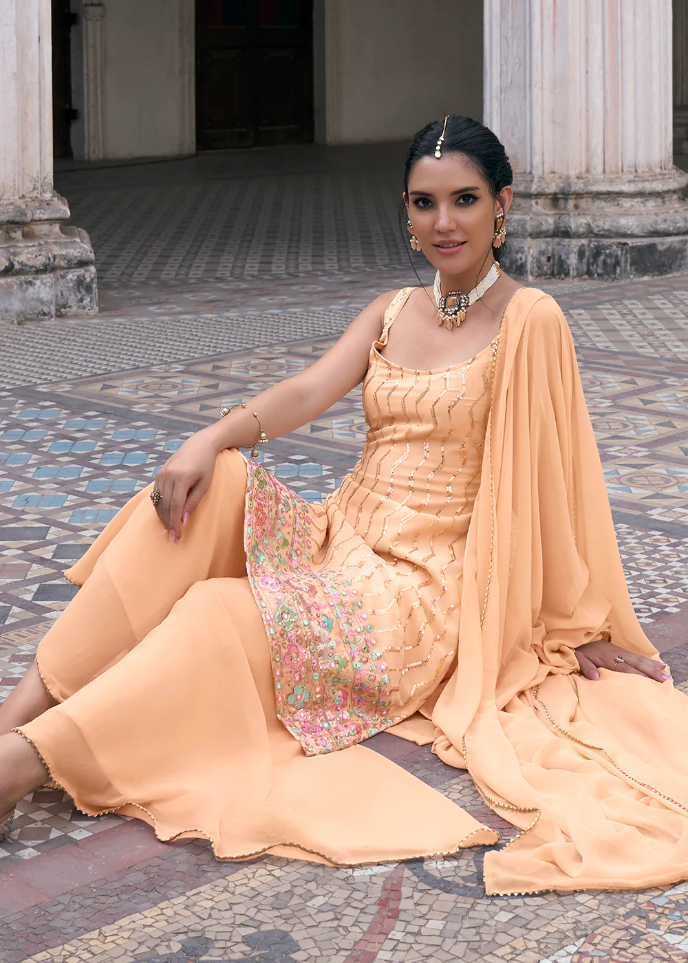 Peach Faux Georgette Festive Sharara Style Suit - Image 3