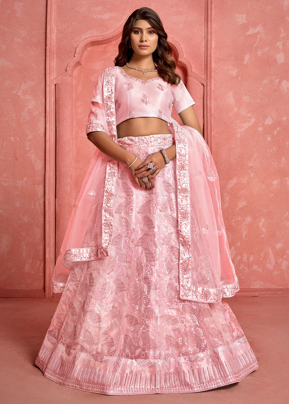 Peach Floral Embroidered Wedding Festive Lehenga Choli