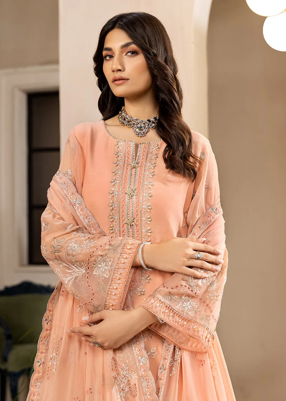 Peach Formal Suit - Alizeh - Dhaagay Formals '23 - V02D03- Aansha - Image 10