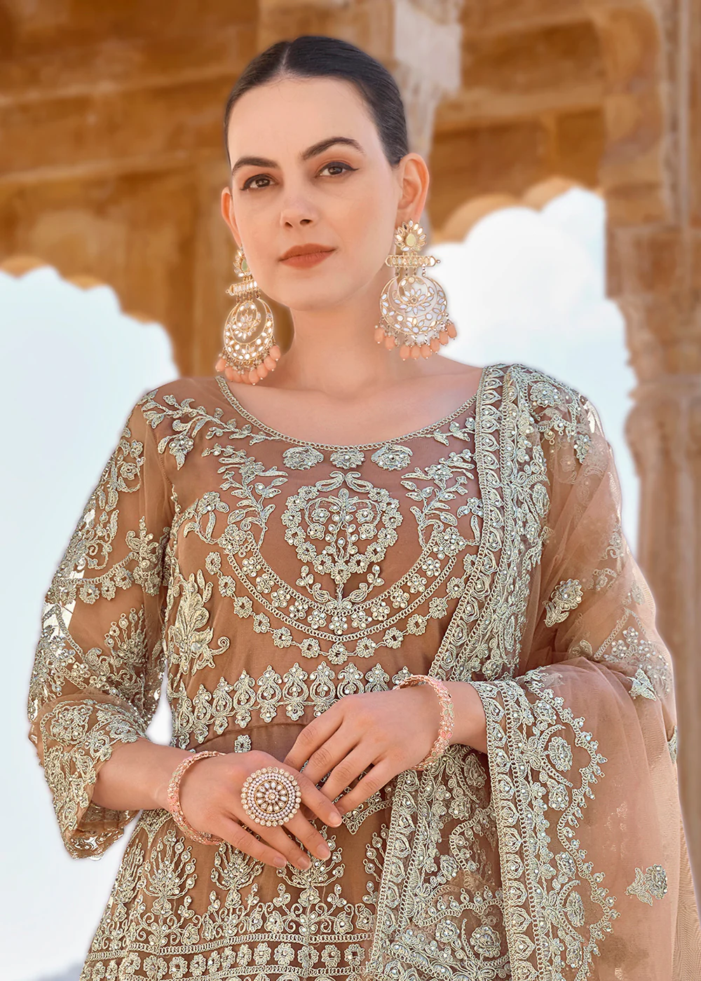 Peach Front & Back Stone Embroidered Wedding Anarkali Suit - Image 2