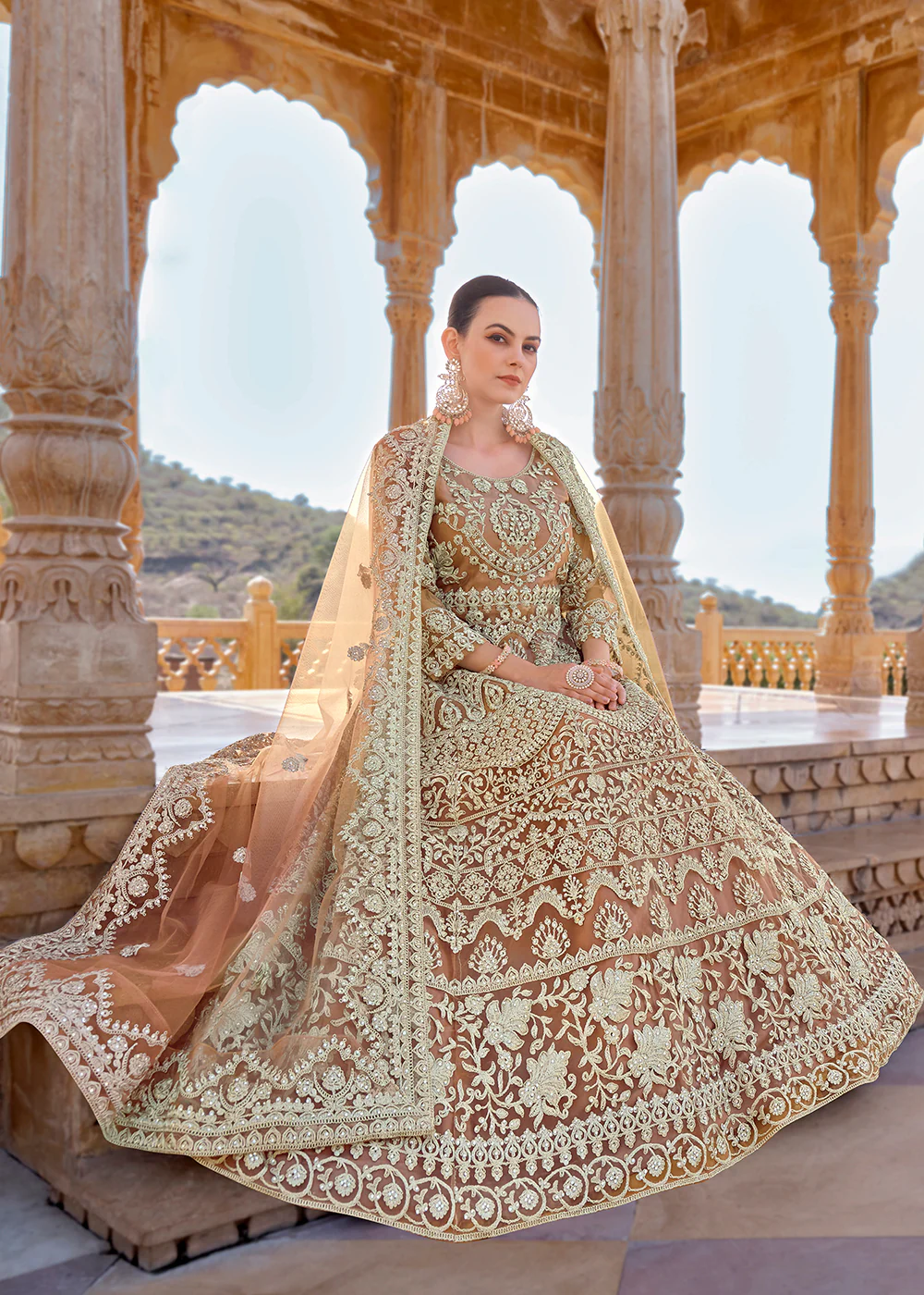 Peach Front & Back Stone Embroidered Wedding Anarkali Suit - Image 3