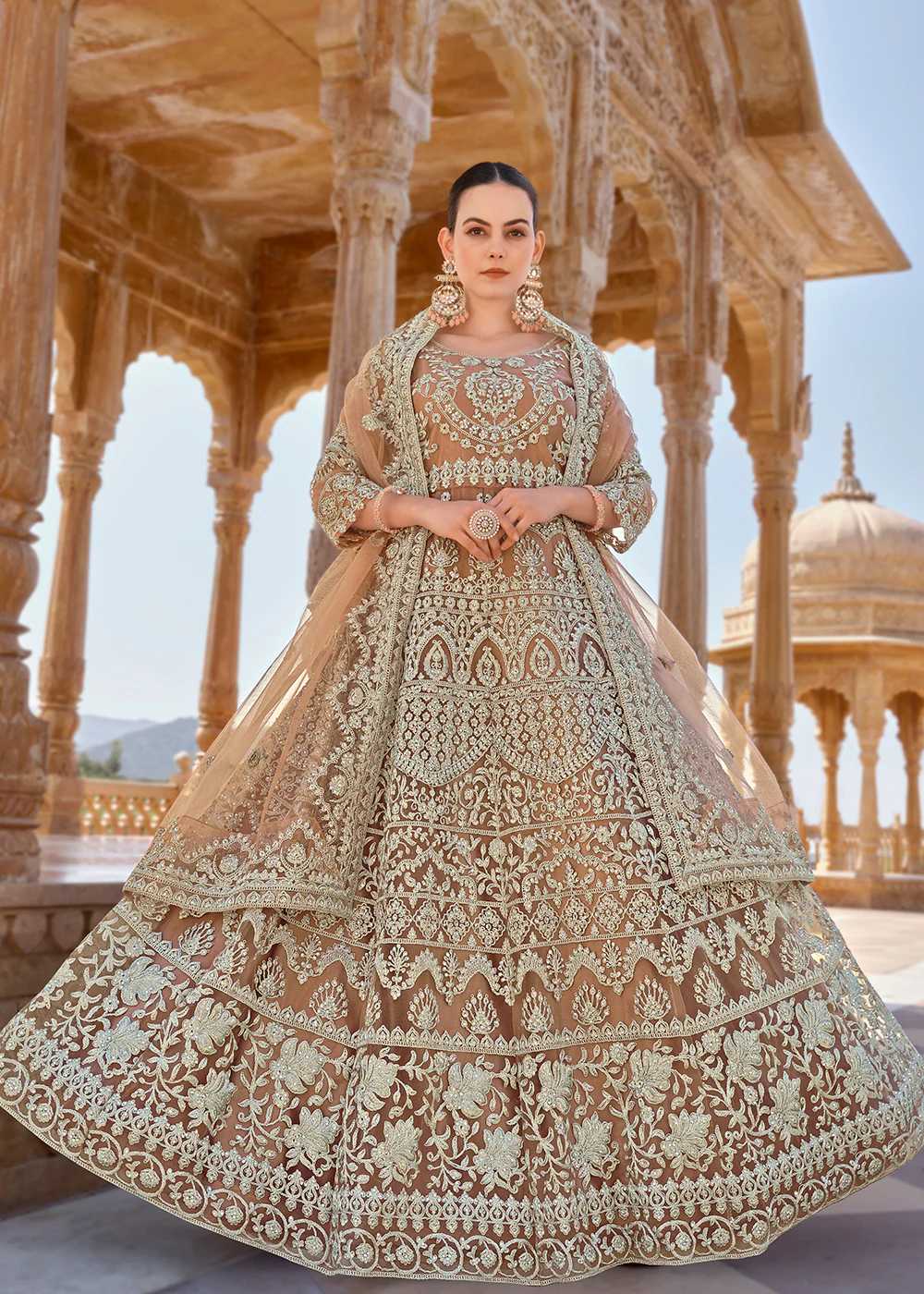 Peach Front & Back Stone Embroidered Wedding Anarkali Suit - Image 4