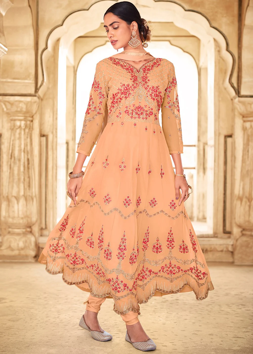 Peach Georgette Floral Embroidered Designer Anarkali Suit