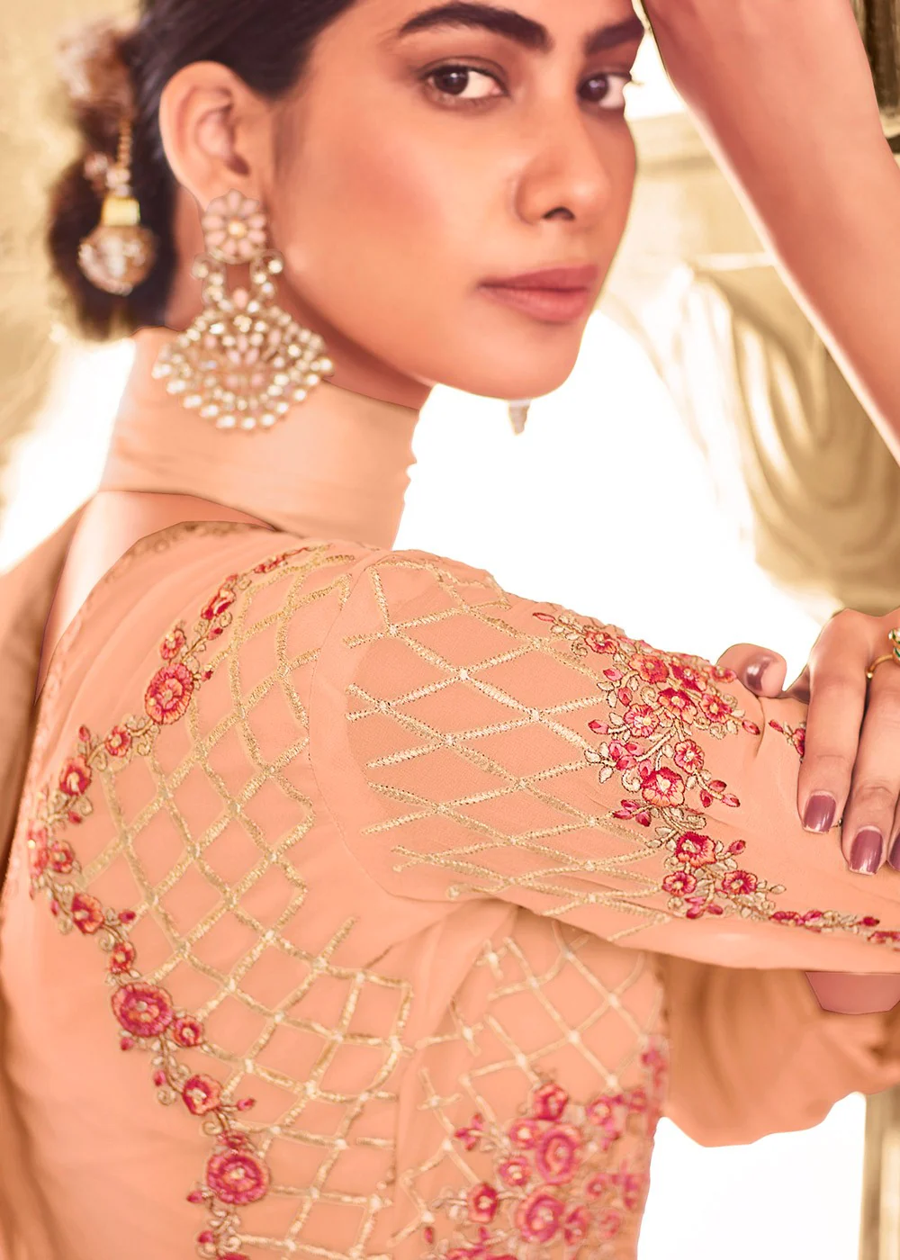 Peach Georgette Floral Embroidered Designer Anarkali Suit - Image 3