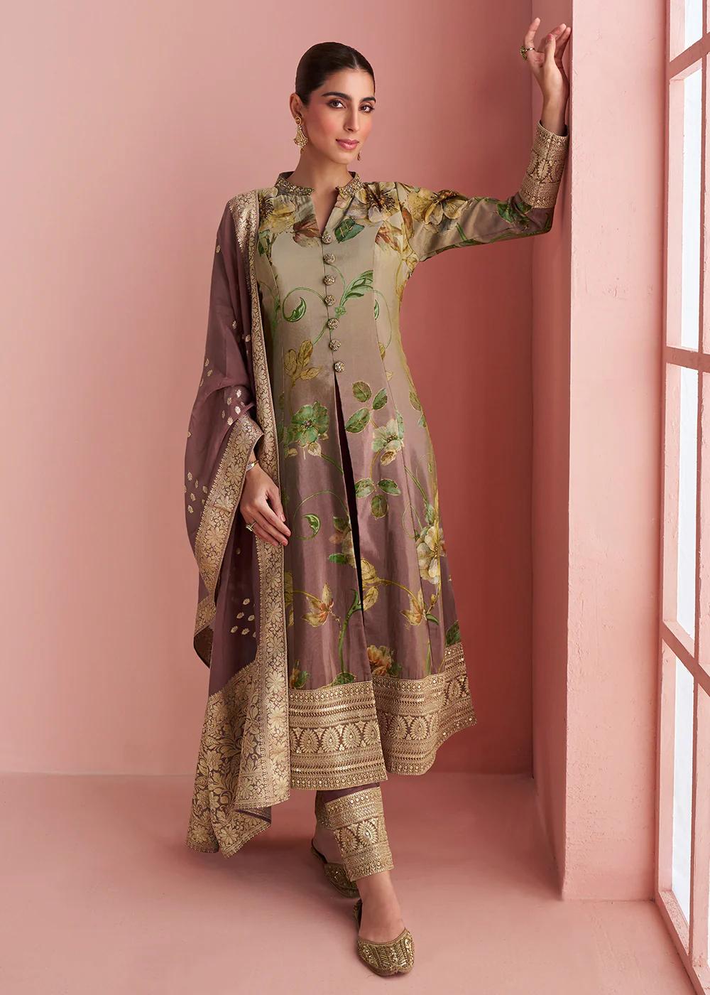 Peach & Green Floral Front Cut Festive Pant Style Suit