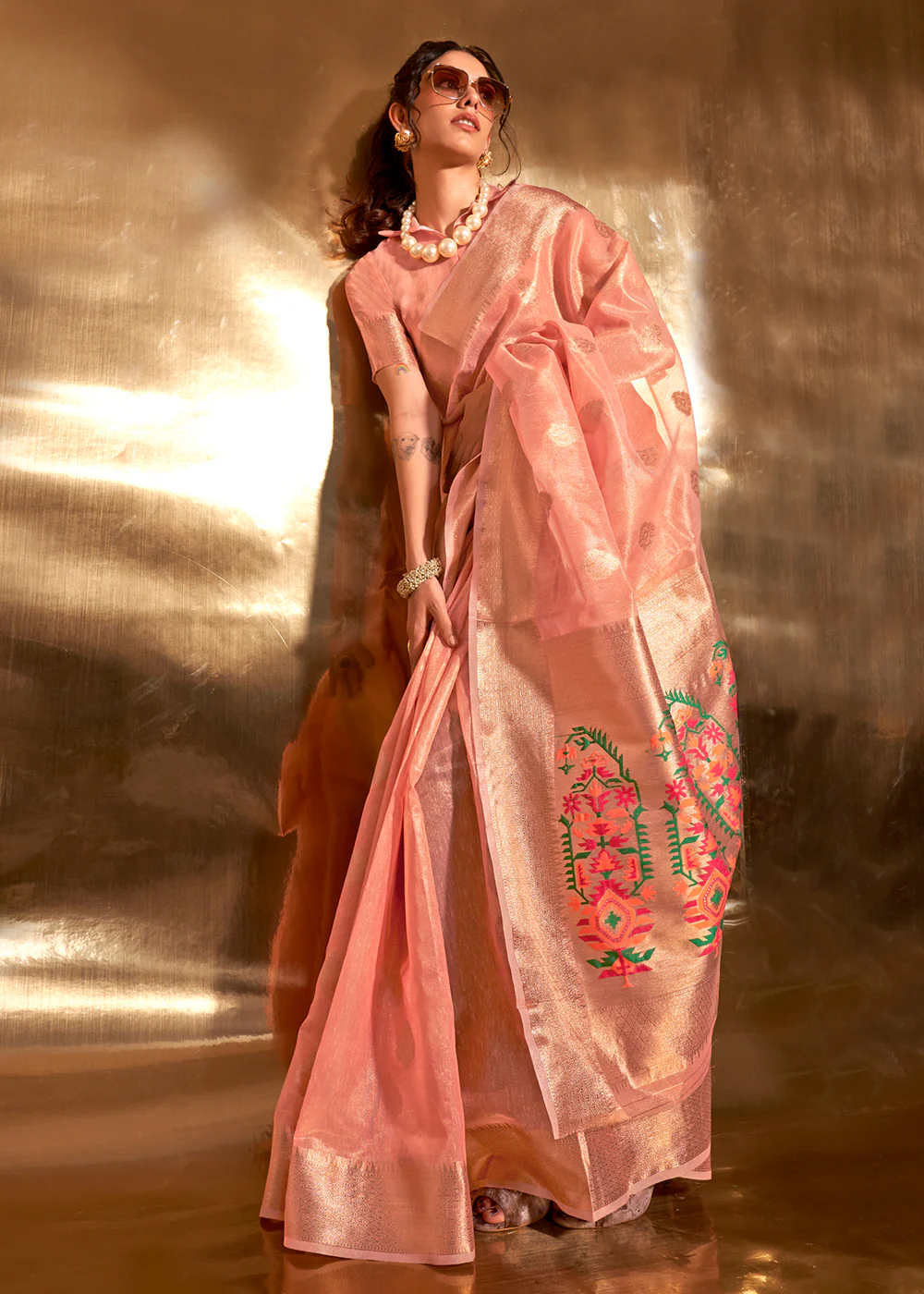 Peach Handwoven Tissue Fabric Festive & Party Style Saree