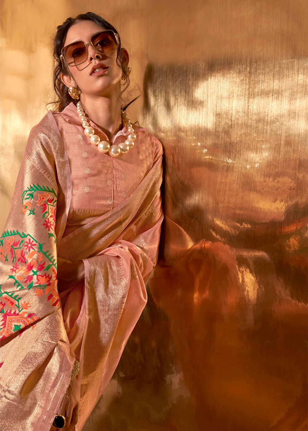 Peach Handwoven Tissue Fabric Festive & Party Style Saree - Image 2