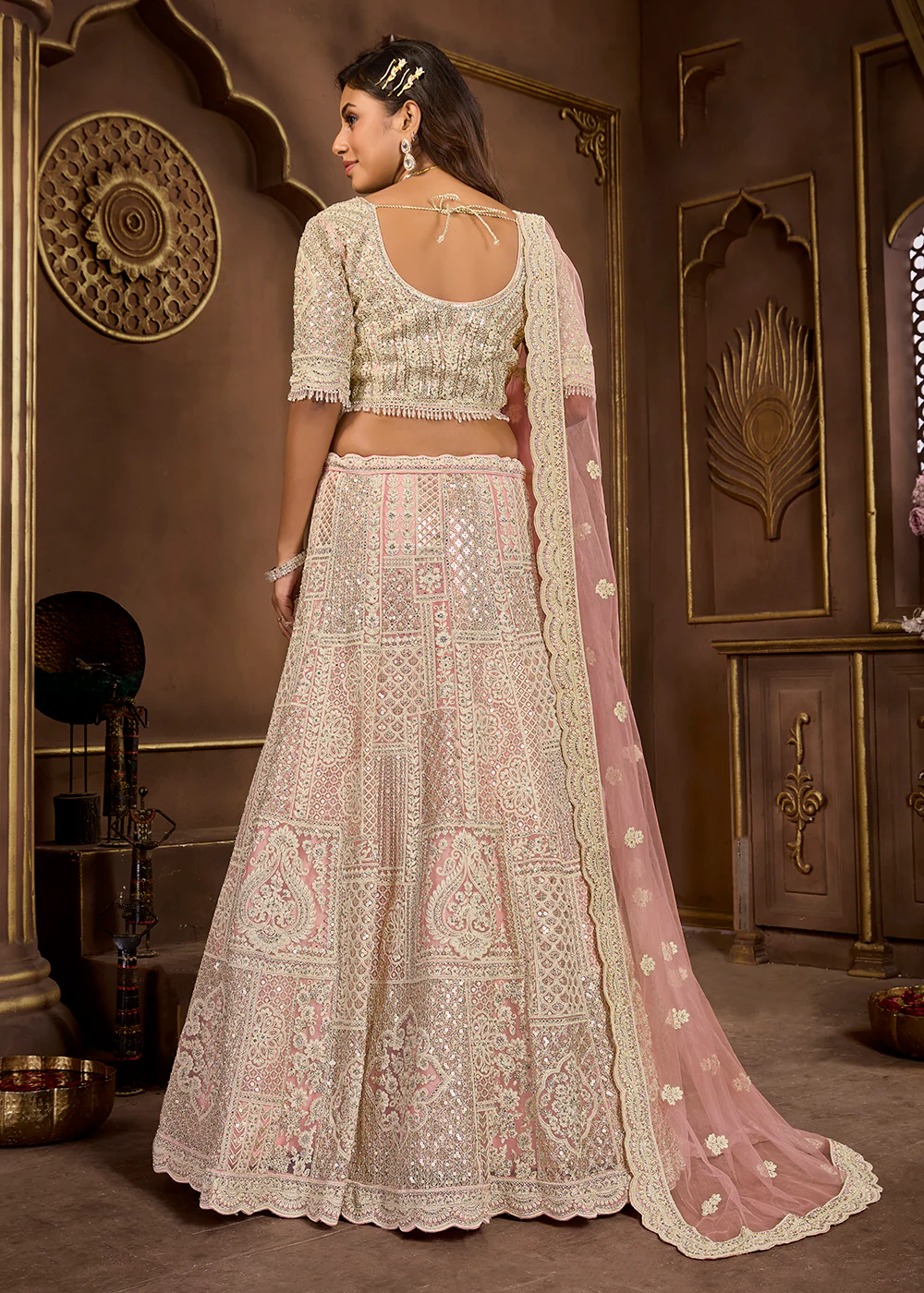 Peach Heavy Embroidered Designer Bridal Lehenga Choli - Image 3
