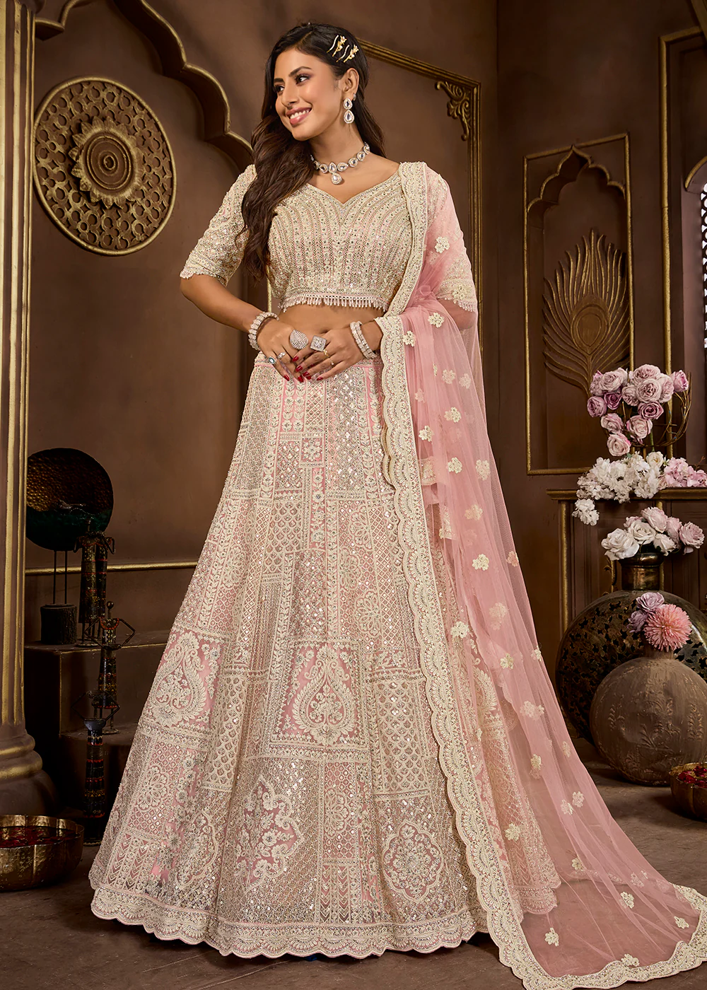 Peach Heavy Embroidered Designer Bridal Lehenga Choli - Image 4
