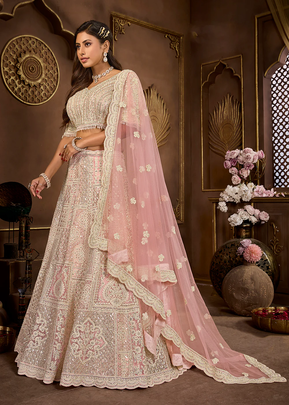 Peach Heavy Embroidered Designer Bridal Lehenga Choli - Image 5