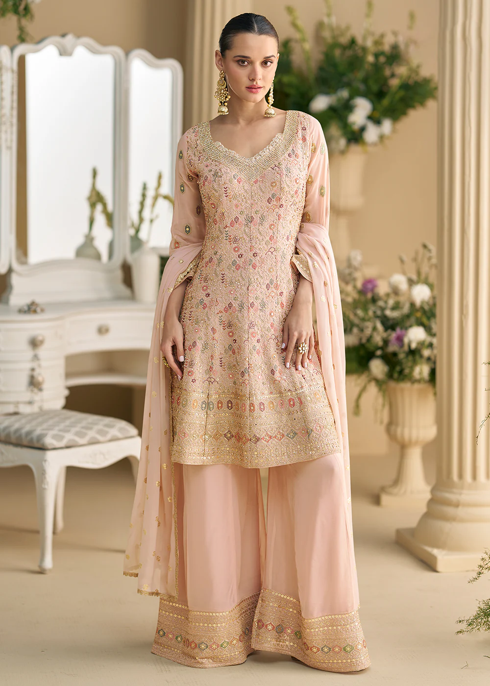 Peach Heavy Embroidered Wedding Wear Palazzo Suit