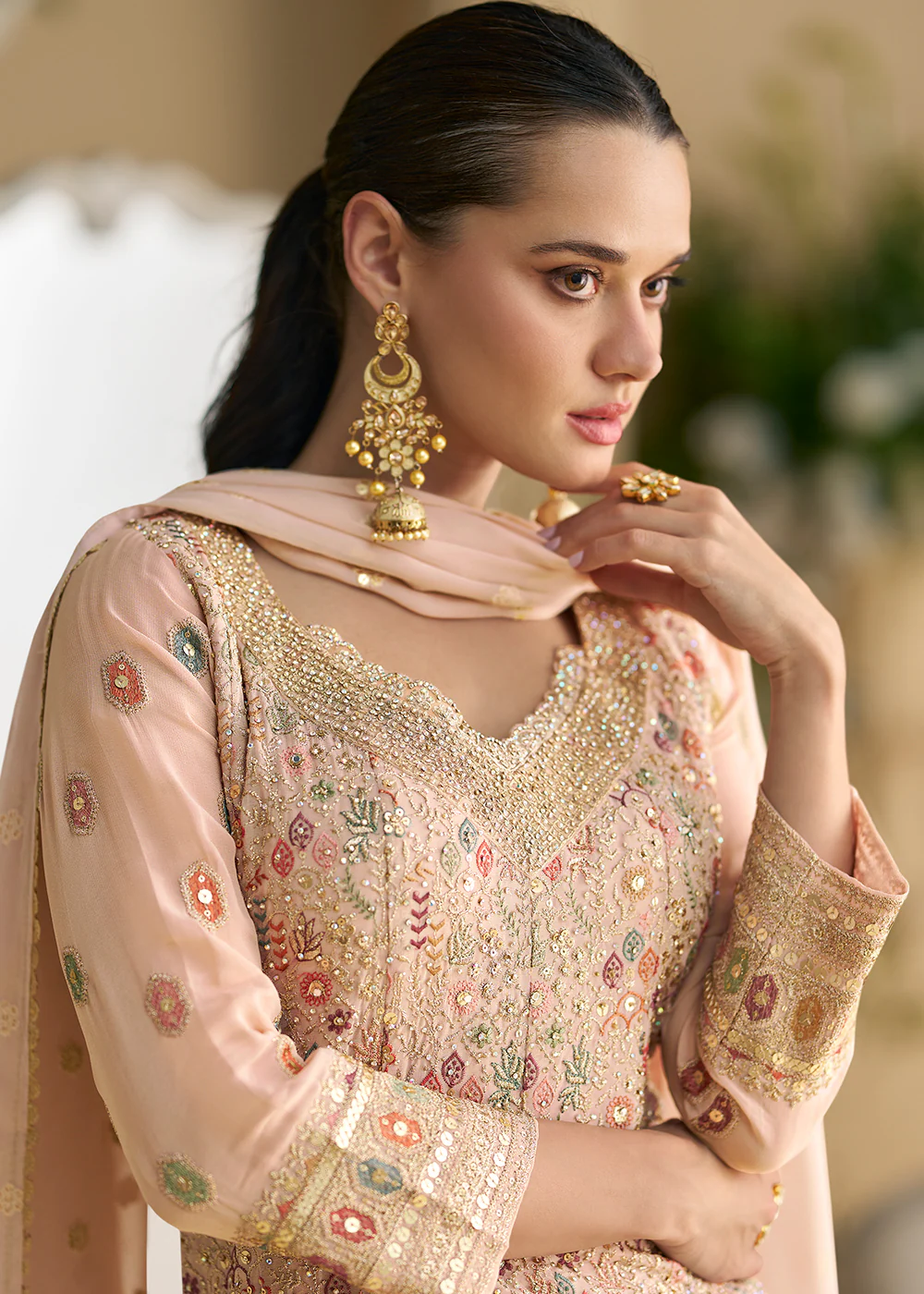 Peach Heavy Embroidered Wedding Wear Palazzo Suit - Image 2