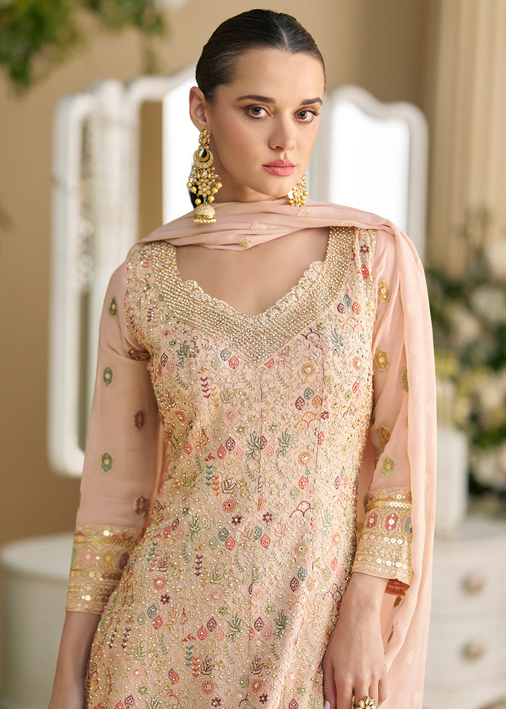 Peach Heavy Embroidered Wedding Wear Palazzo Suit - Image 3