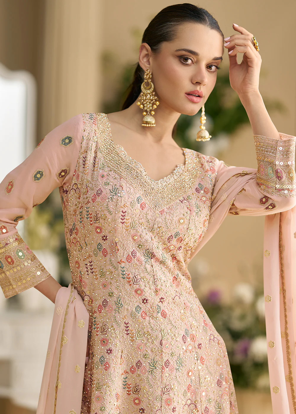 Peach Heavy Embroidered Wedding Wear Palazzo Suit - Image 4