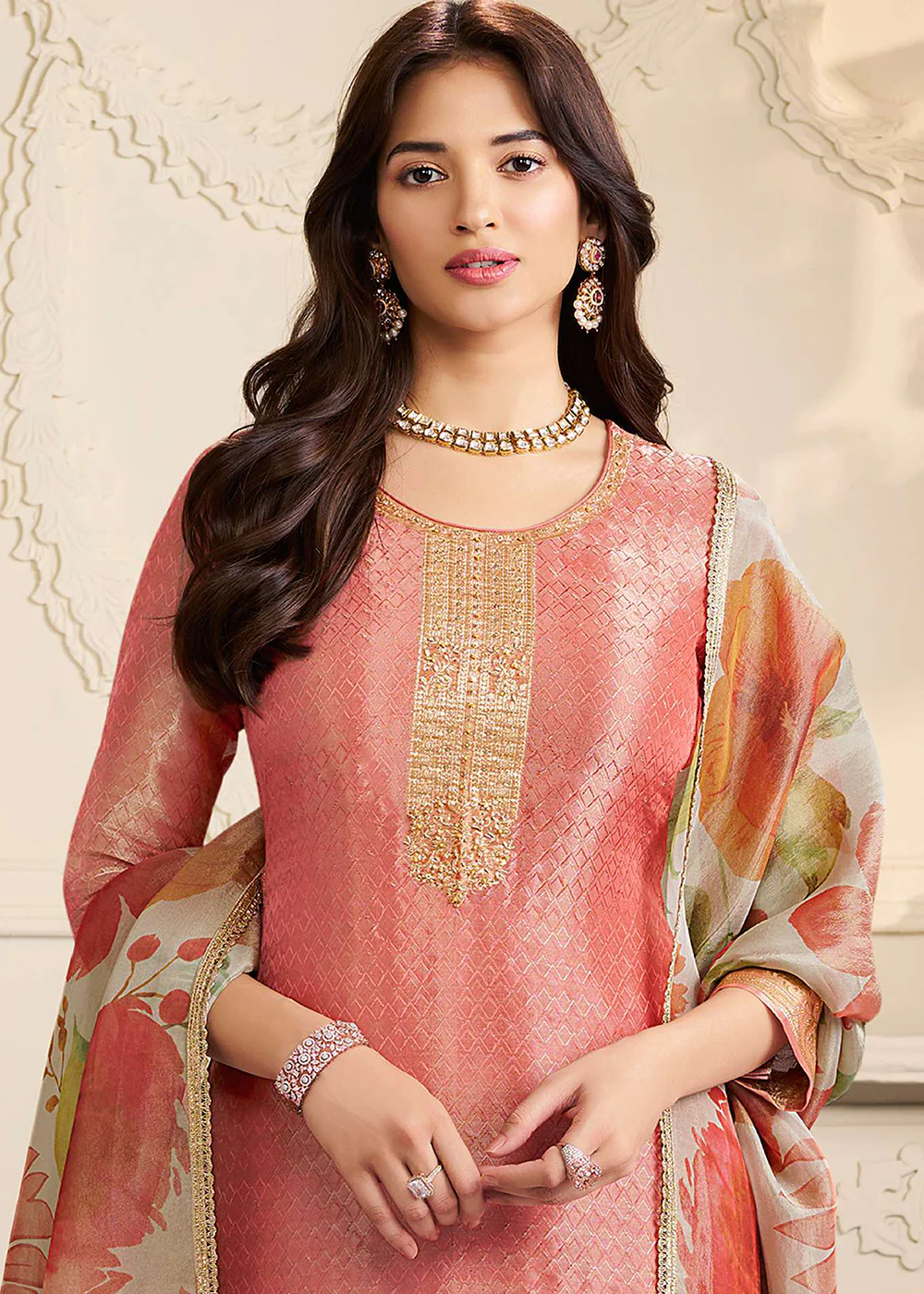 Peach Kanchipuram Silk Embroidered Pant Style Suit - Image 2