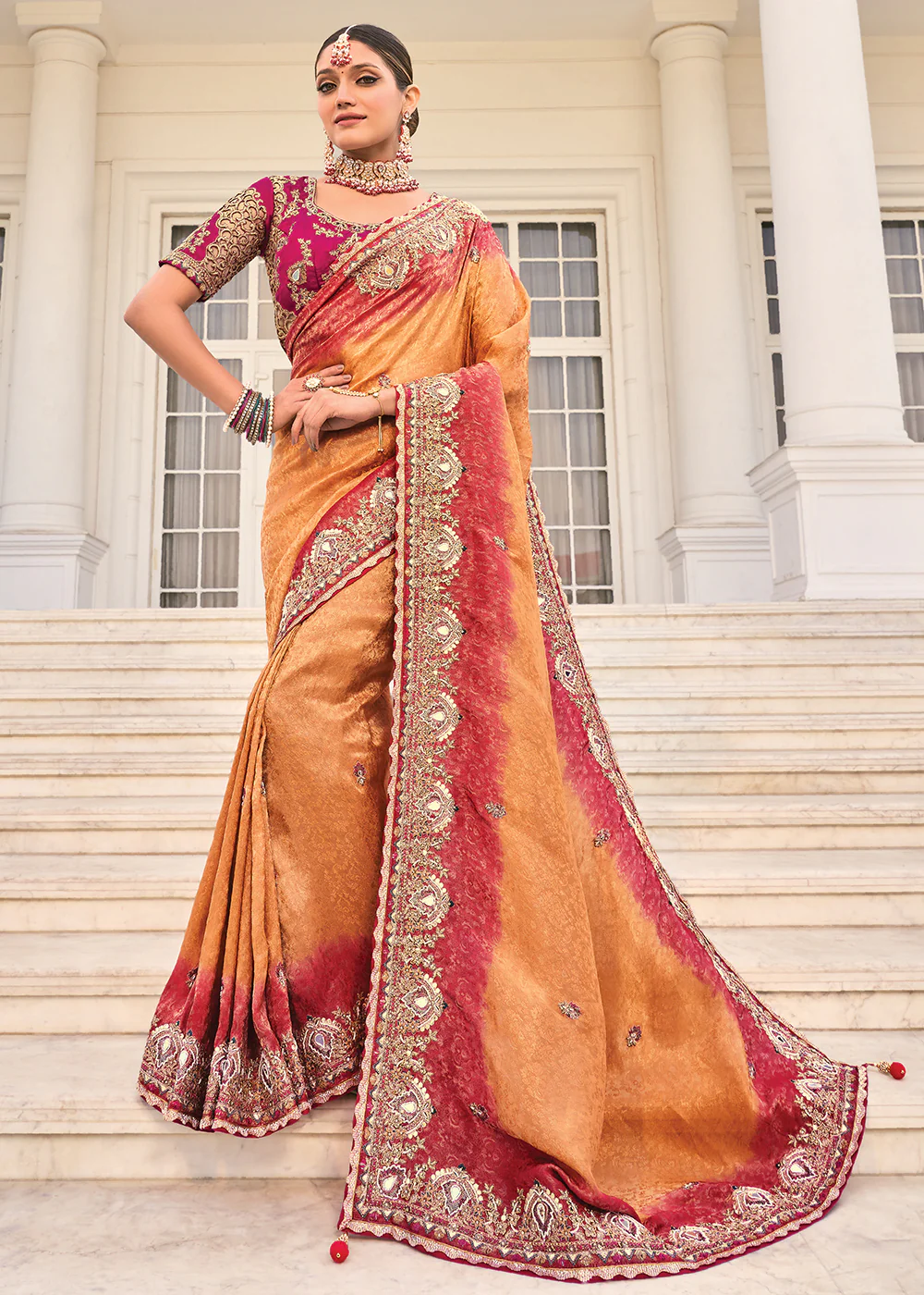 Peach & Maroon Heavy Embroidered Wedding Designer Saree