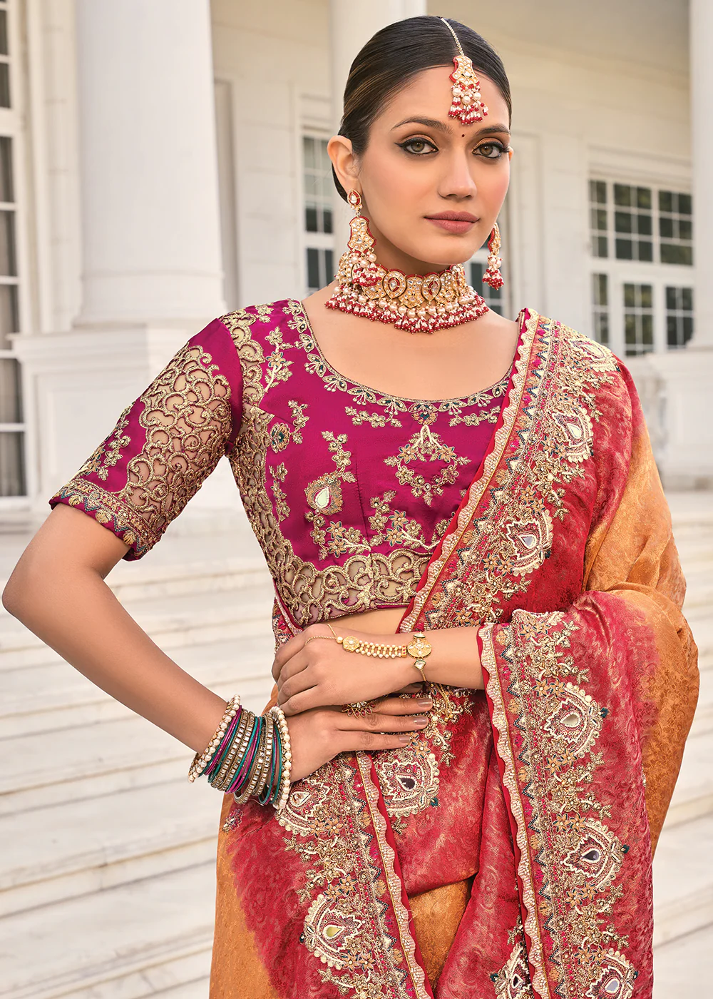 Peach & Maroon Heavy Embroidered Wedding Designer Saree - Image 2