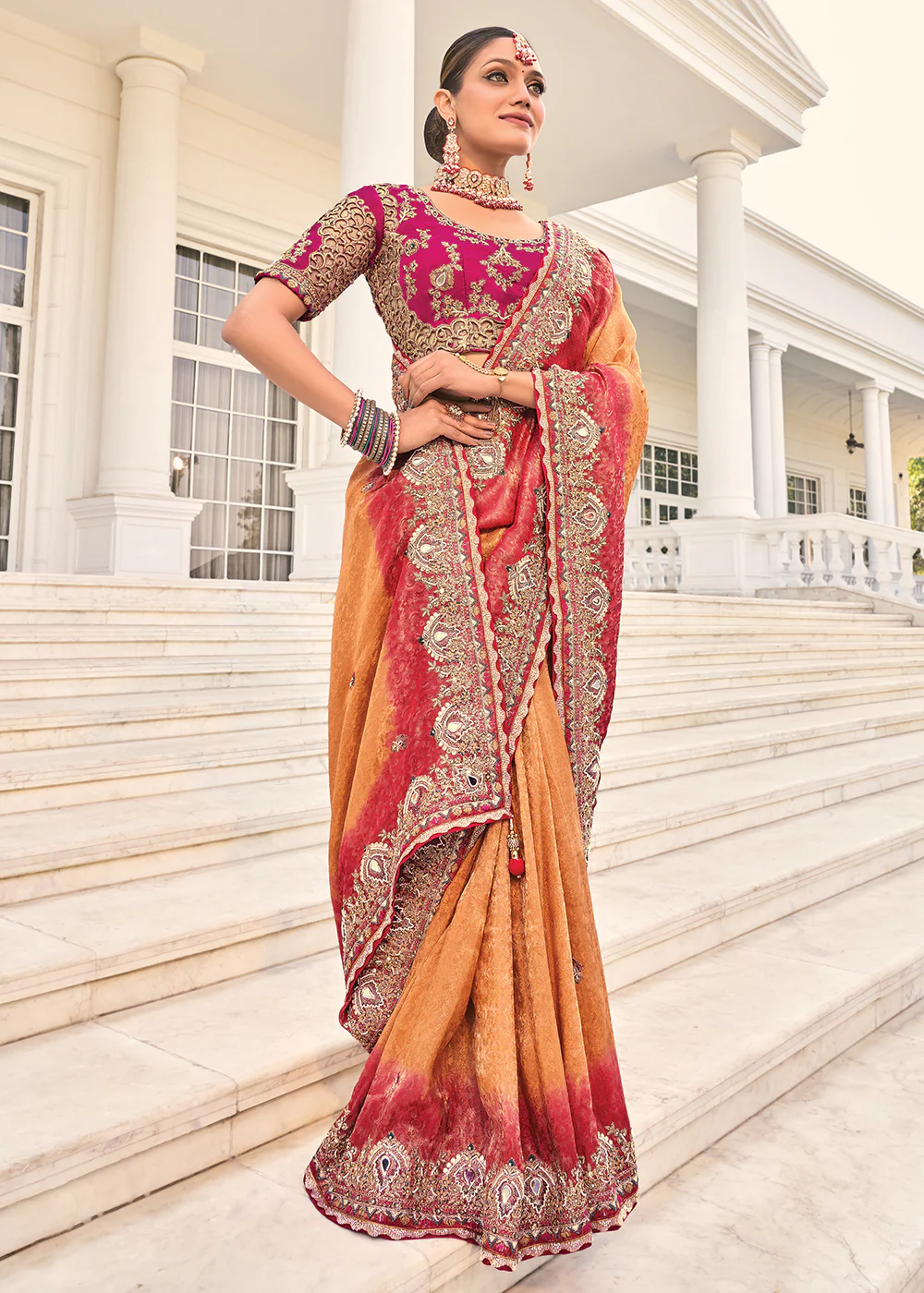 Peach & Maroon Heavy Embroidered Wedding Designer Saree - Image 3