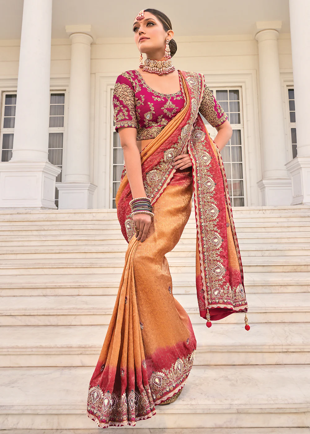 Peach & Maroon Heavy Embroidered Wedding Designer Saree - Image 4