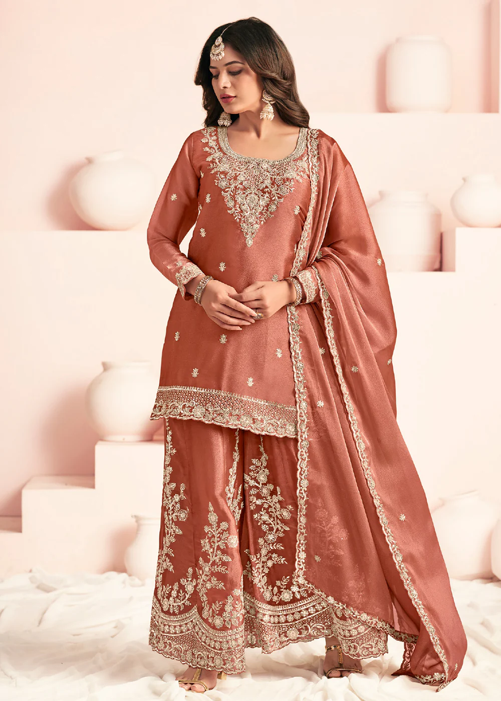 Peach Moss Silk Embroidered Palazzo Style Suit