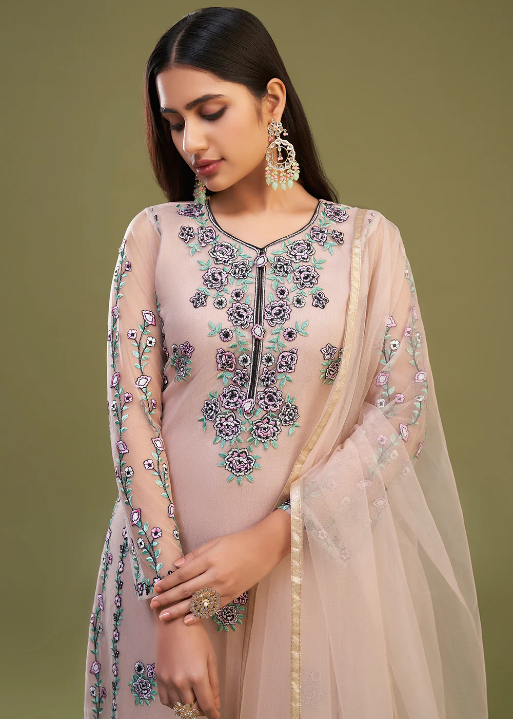 Peach Multi Thread Embroidered Net Salwar Suit - Image 2