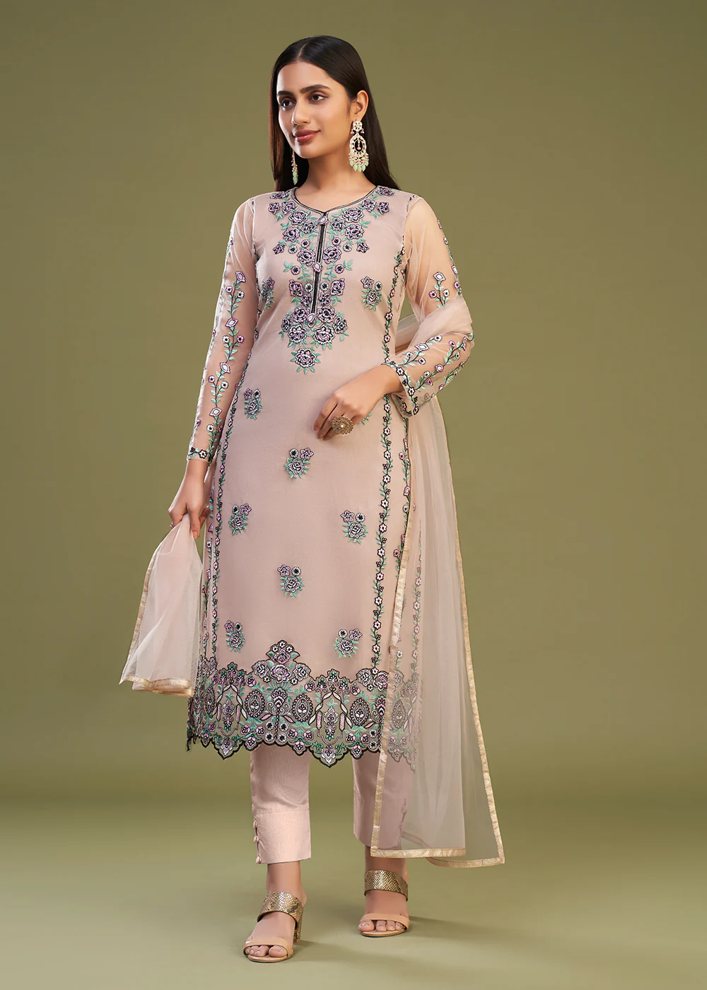 Peach Multi Thread Embroidered Net Salwar Suit - Image 3