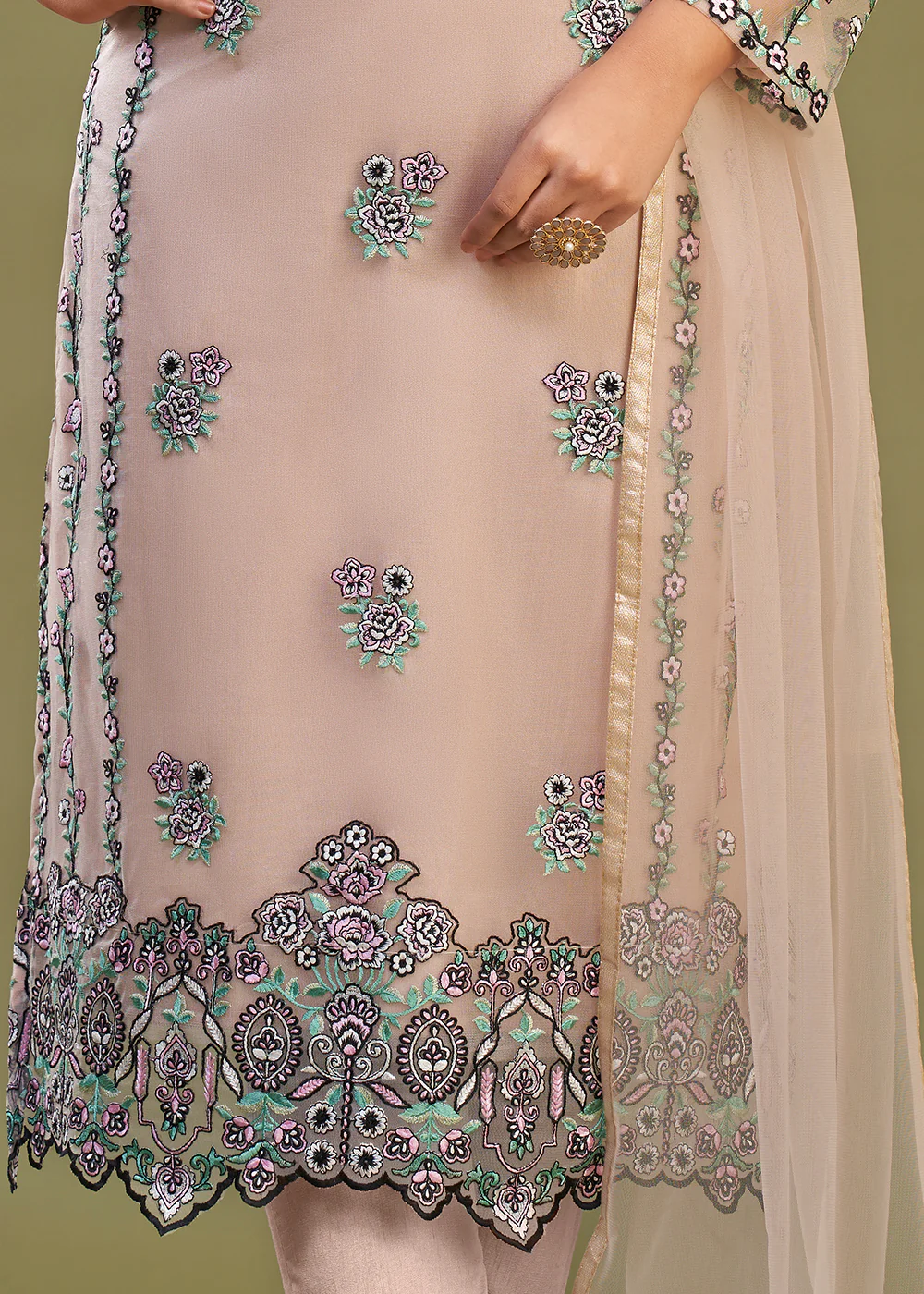 Peach Multi Thread Embroidered Net Salwar Suit - Image 4