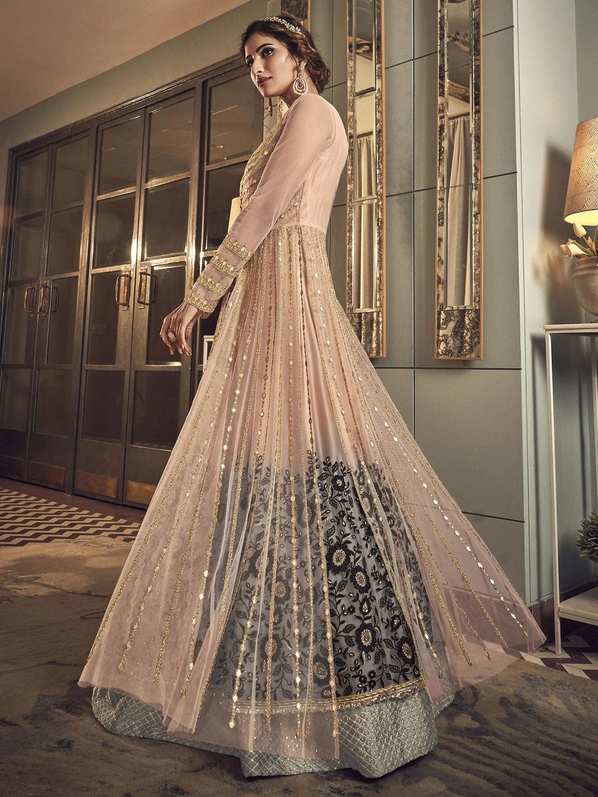 Peach Net Embroidered Anarkali Suit - Image 3