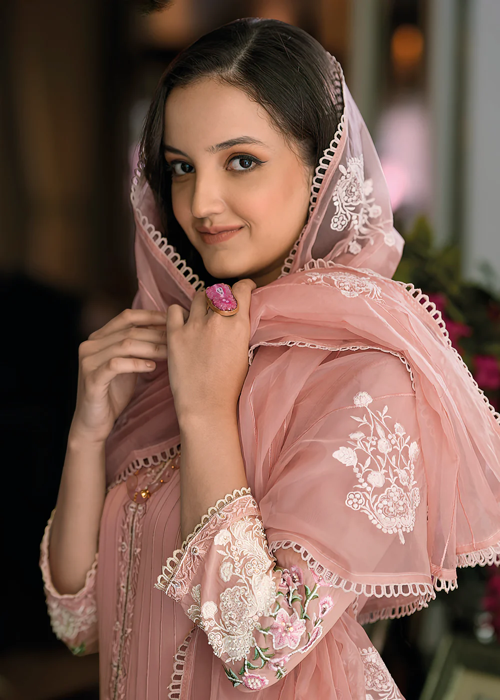 Peach Organza Fancy Khatli Work Pakistani Style Suit - Image 2