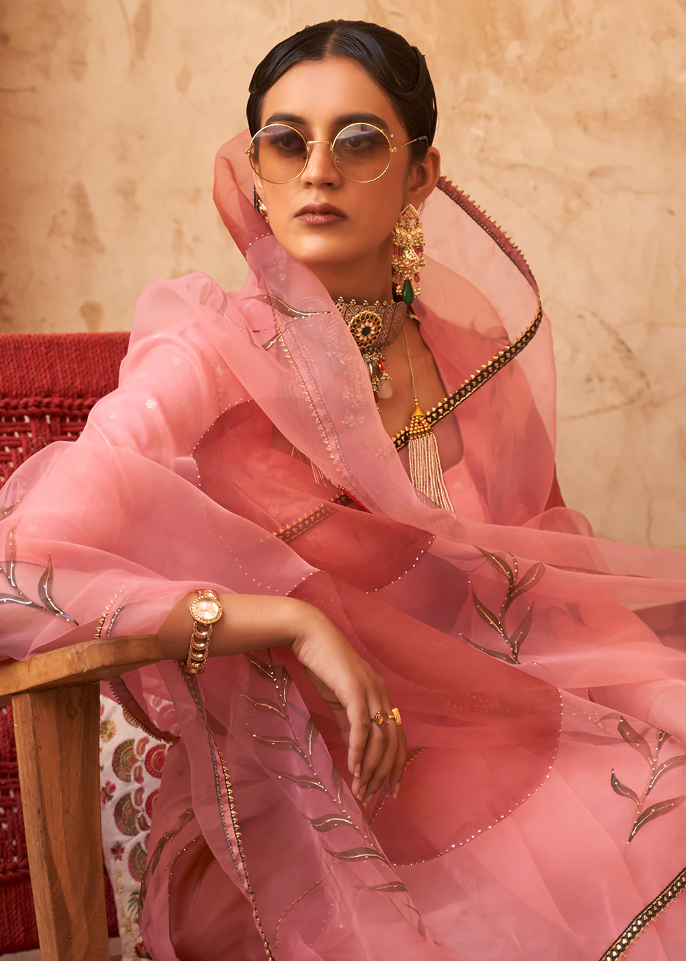 Peach Organza Net Printed Embroidered Classic Indian Saree - Image 2