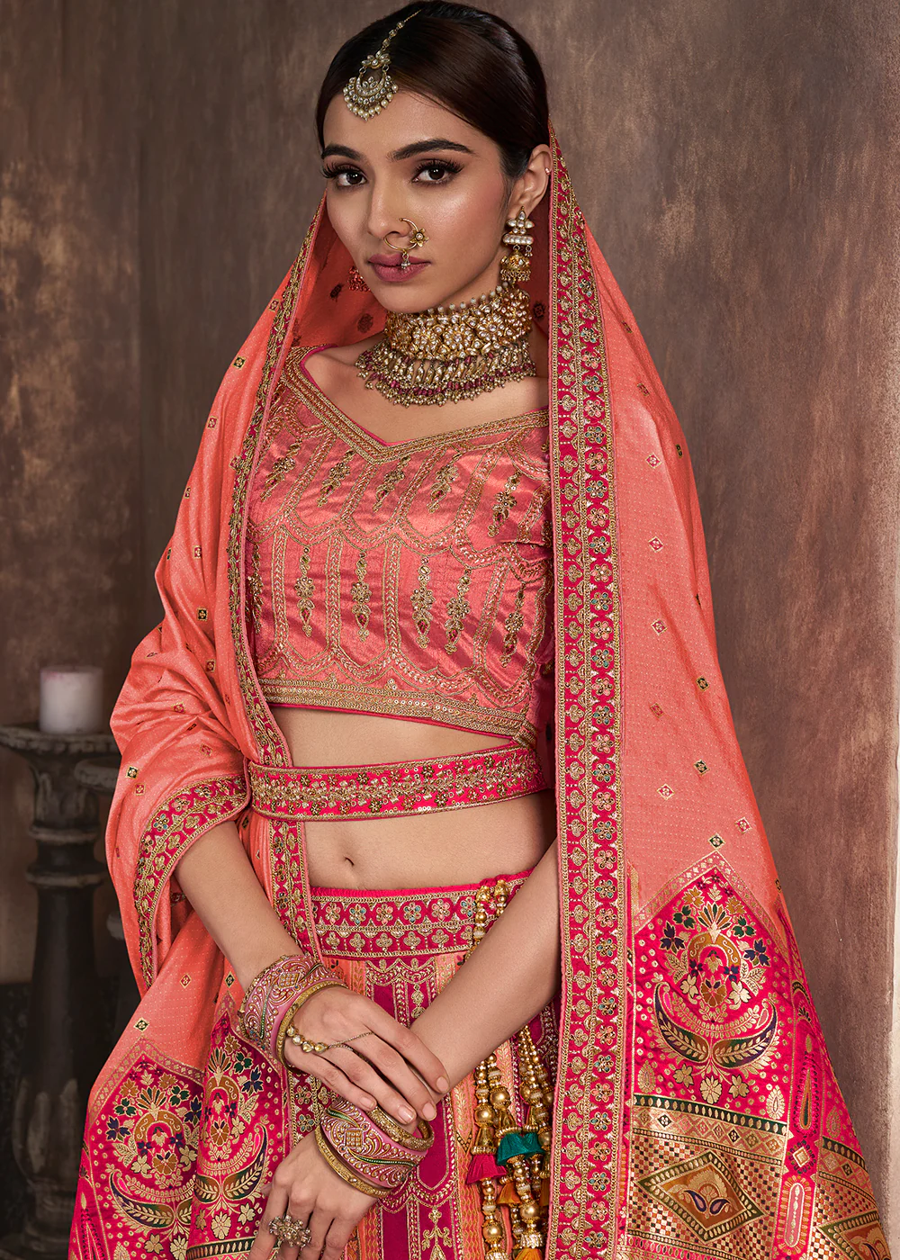 Peach & Pink Banarasi Silk Bridal Designer Lehenga Choli - Image 2