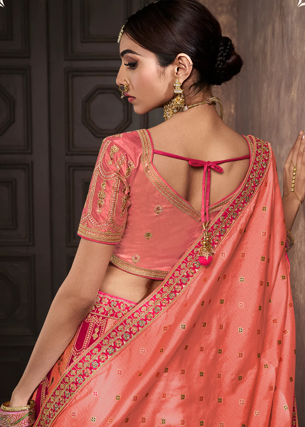 Peach & Pink Banarasi Silk Bridal Designer Lehenga Choli - Image 3
