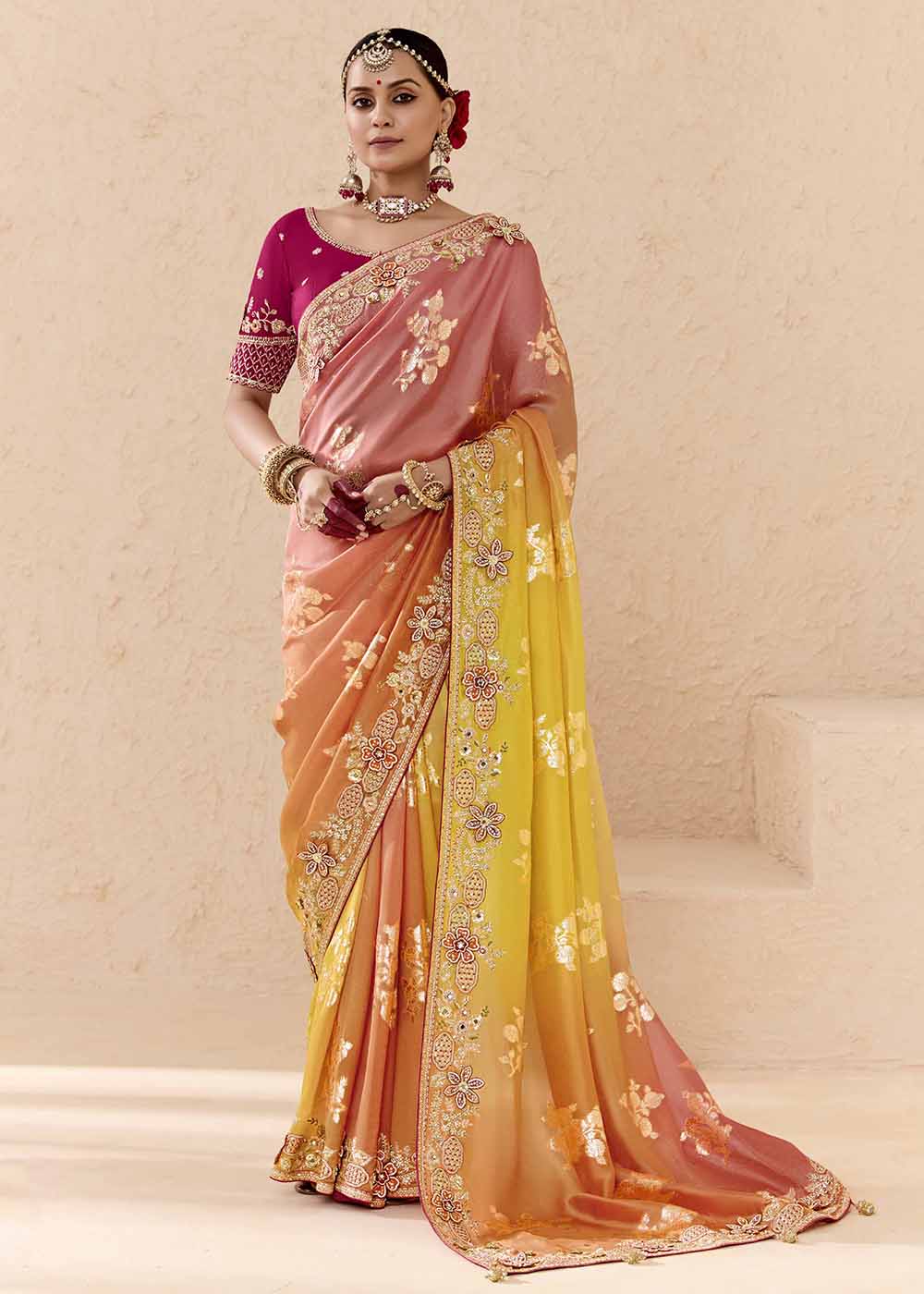 Peach & Pink Fancy Fabric Embroidered Designer Saree