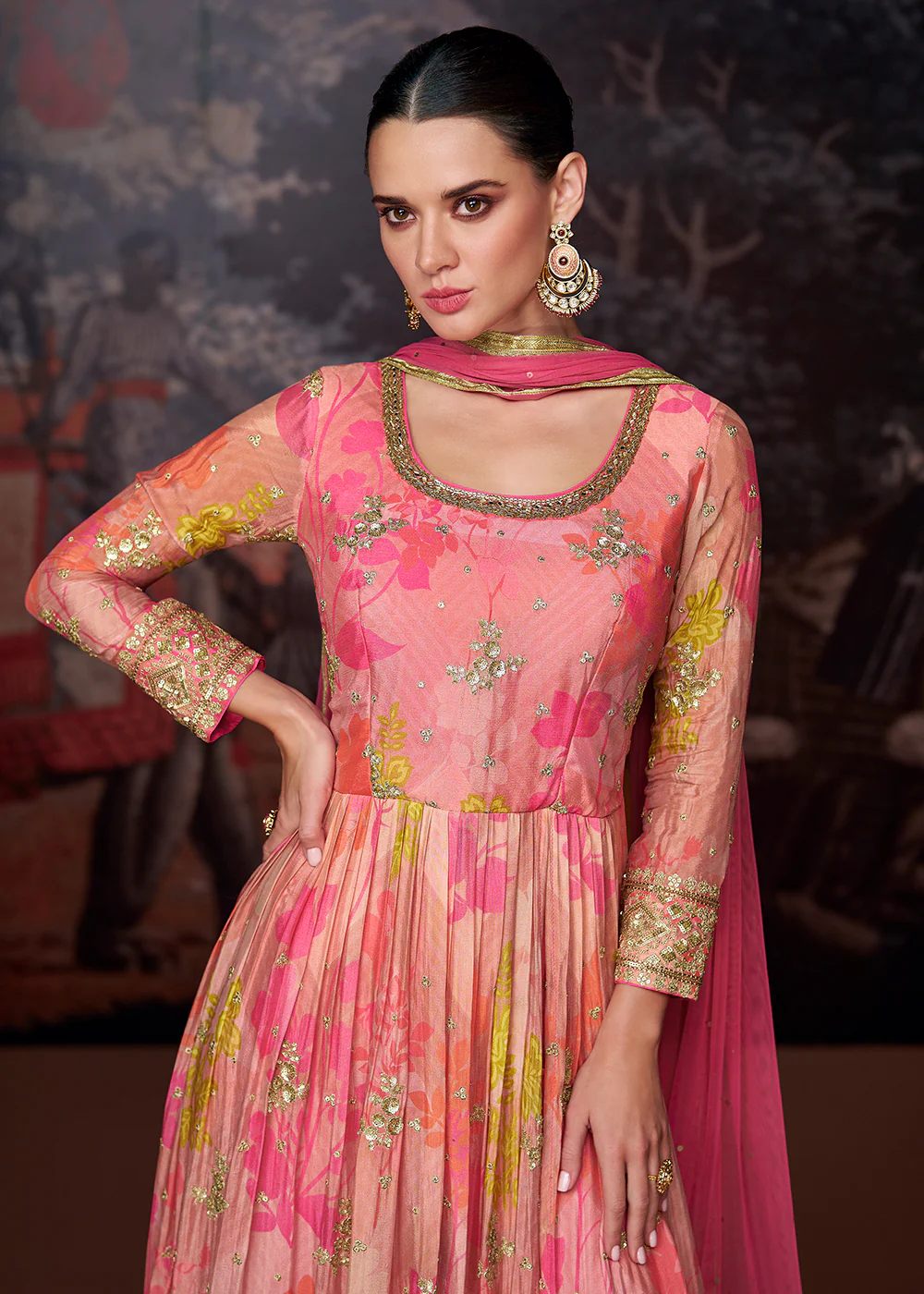 Peach Pink Printed & Embroidered Wedding Anarkali Dress - Image 2